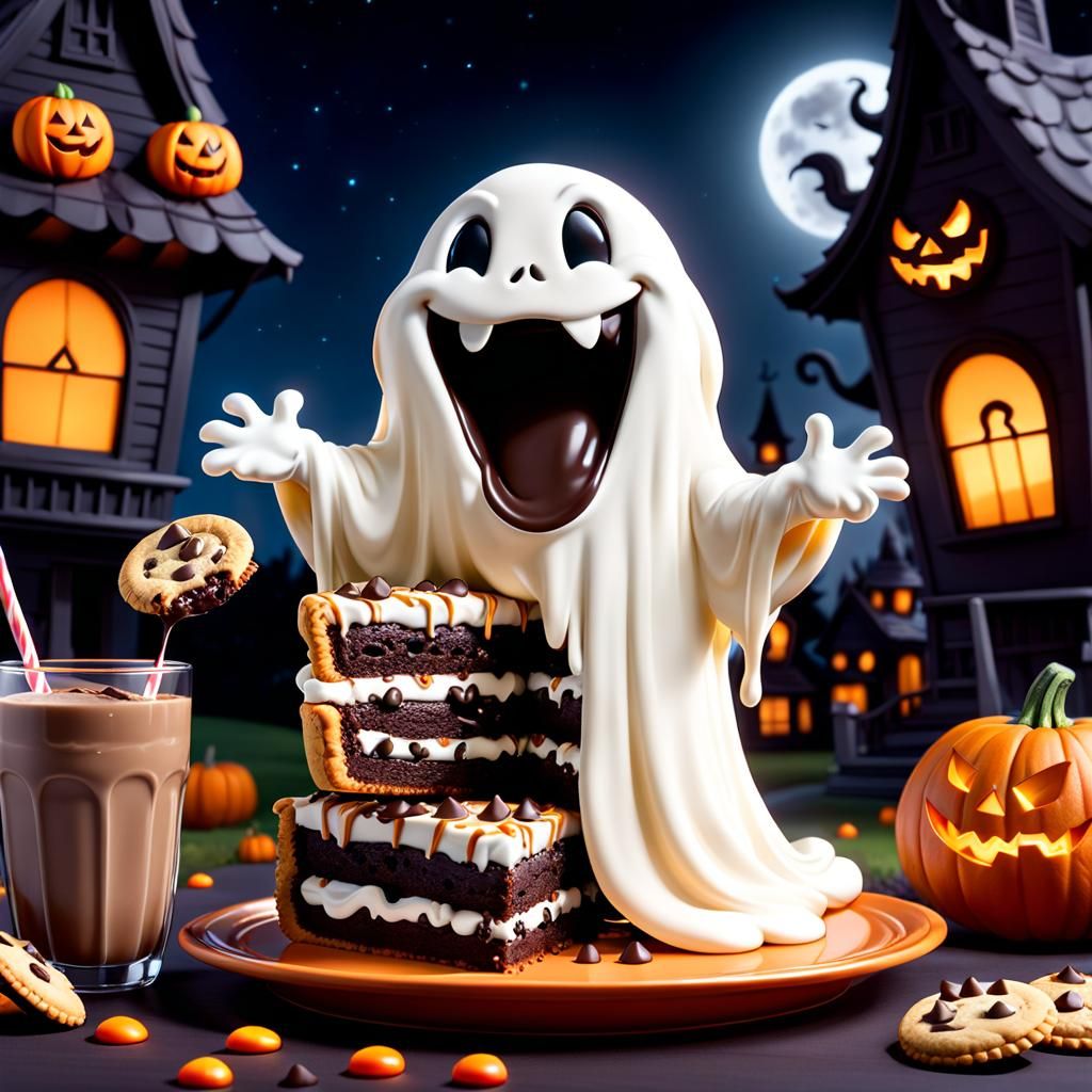 Spooky Ghost Laughing with Cookies: Halloween Concept Art