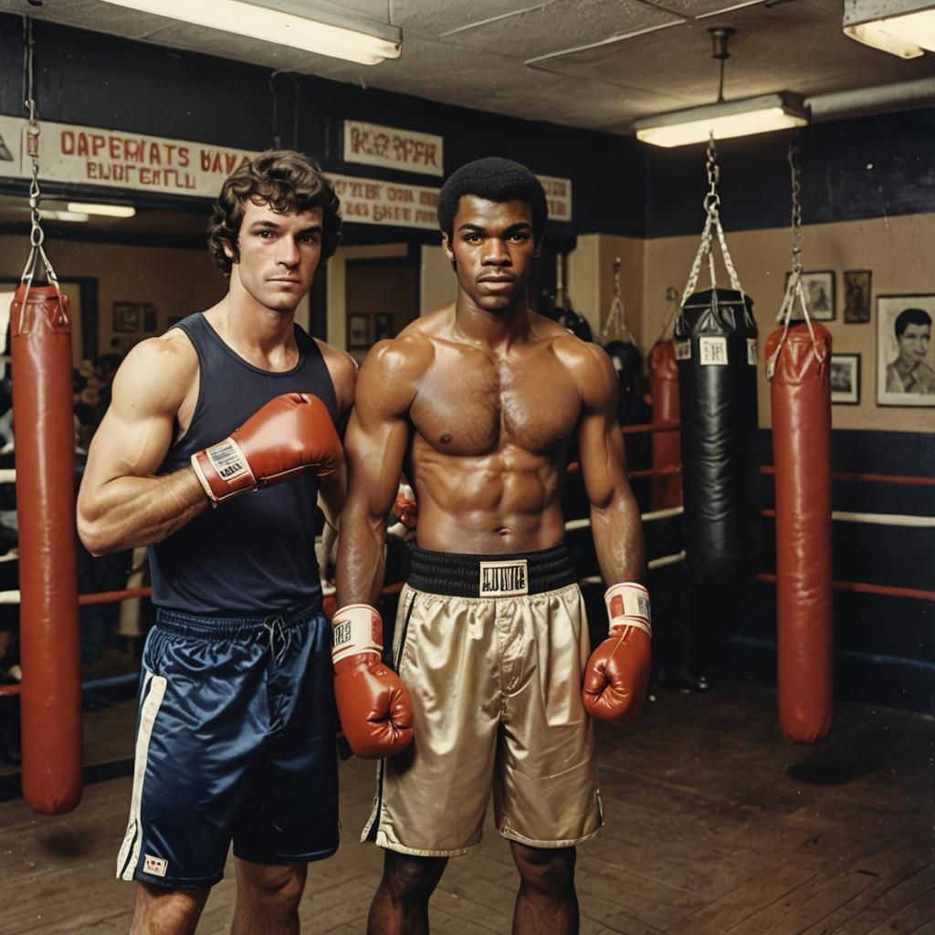 Hyperrealistic 1970s Boxer with Trainer in Gym