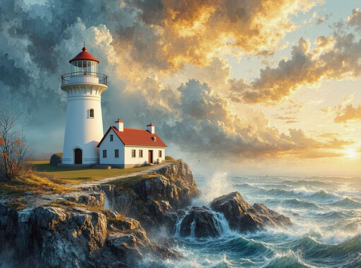 Lighthouse Over Stormy Seas in Dreamlike Watercolour Style