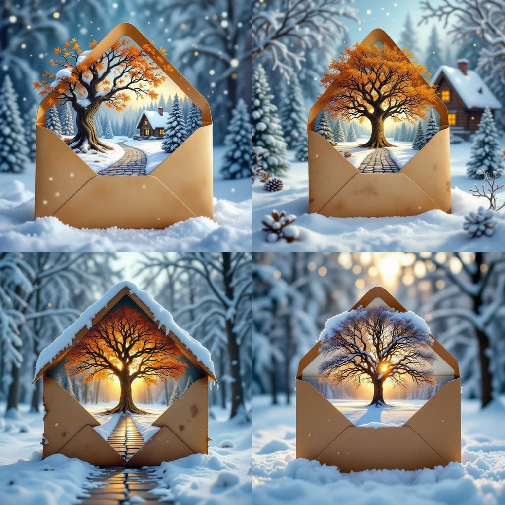 Magical Winter Tree Portal from Envelope in Hyperrealistic S...