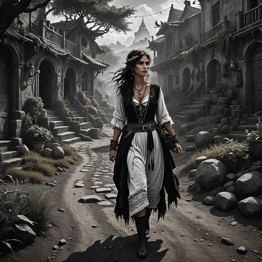 Gypsy Walks a Mysterious Path in Black and White