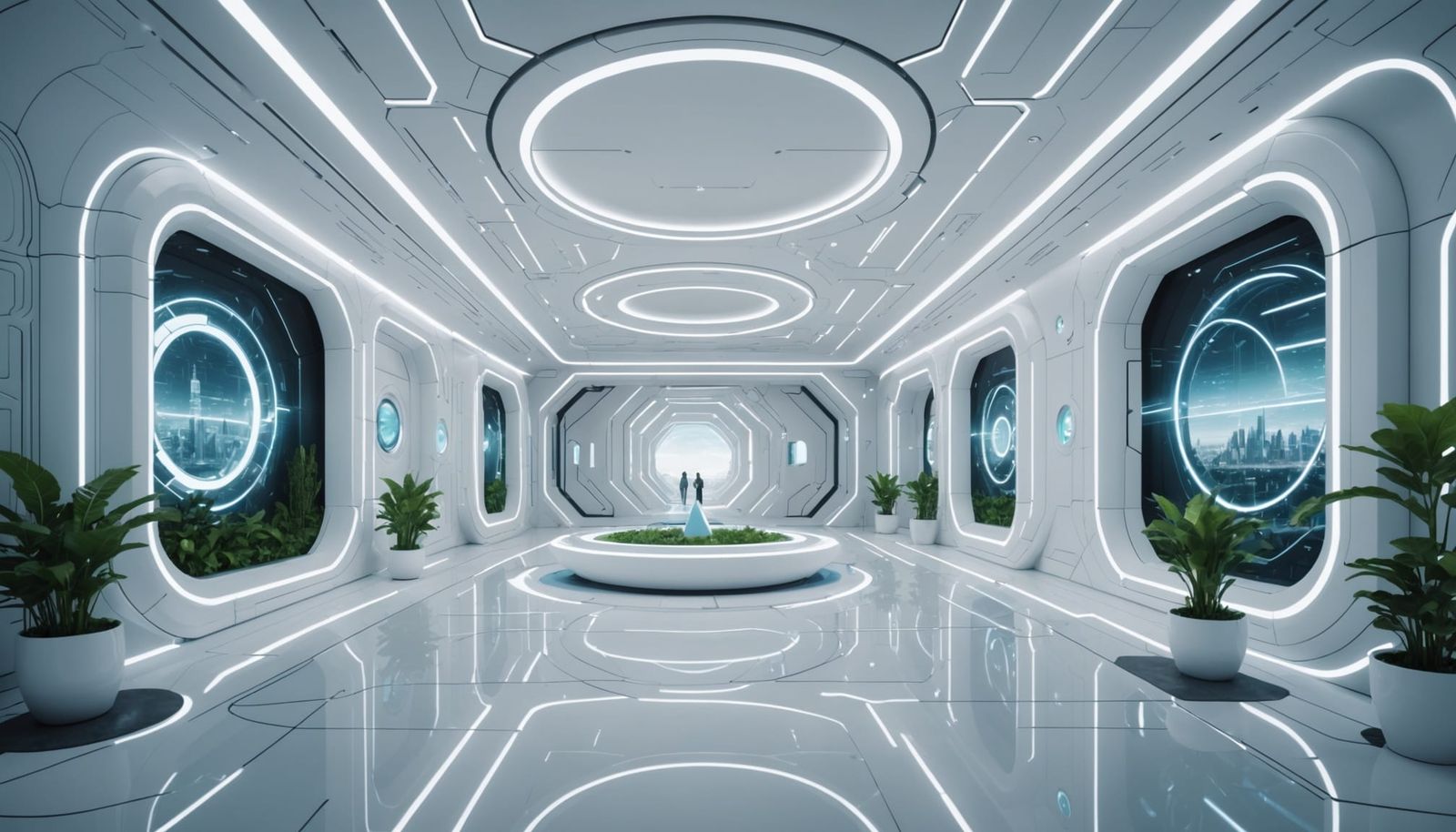 Futuristic Cityscape with White Intricate Designs and Blue L...