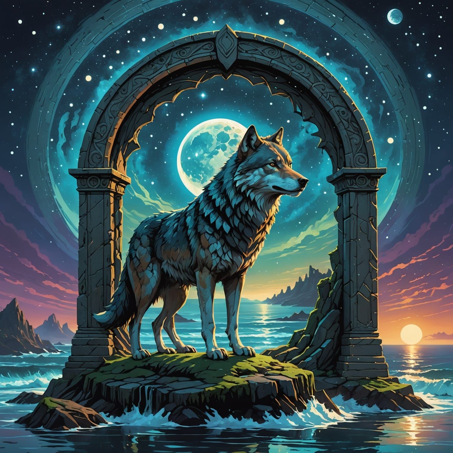 Wolf Gazing into Starry Portal: Fantasy Realism