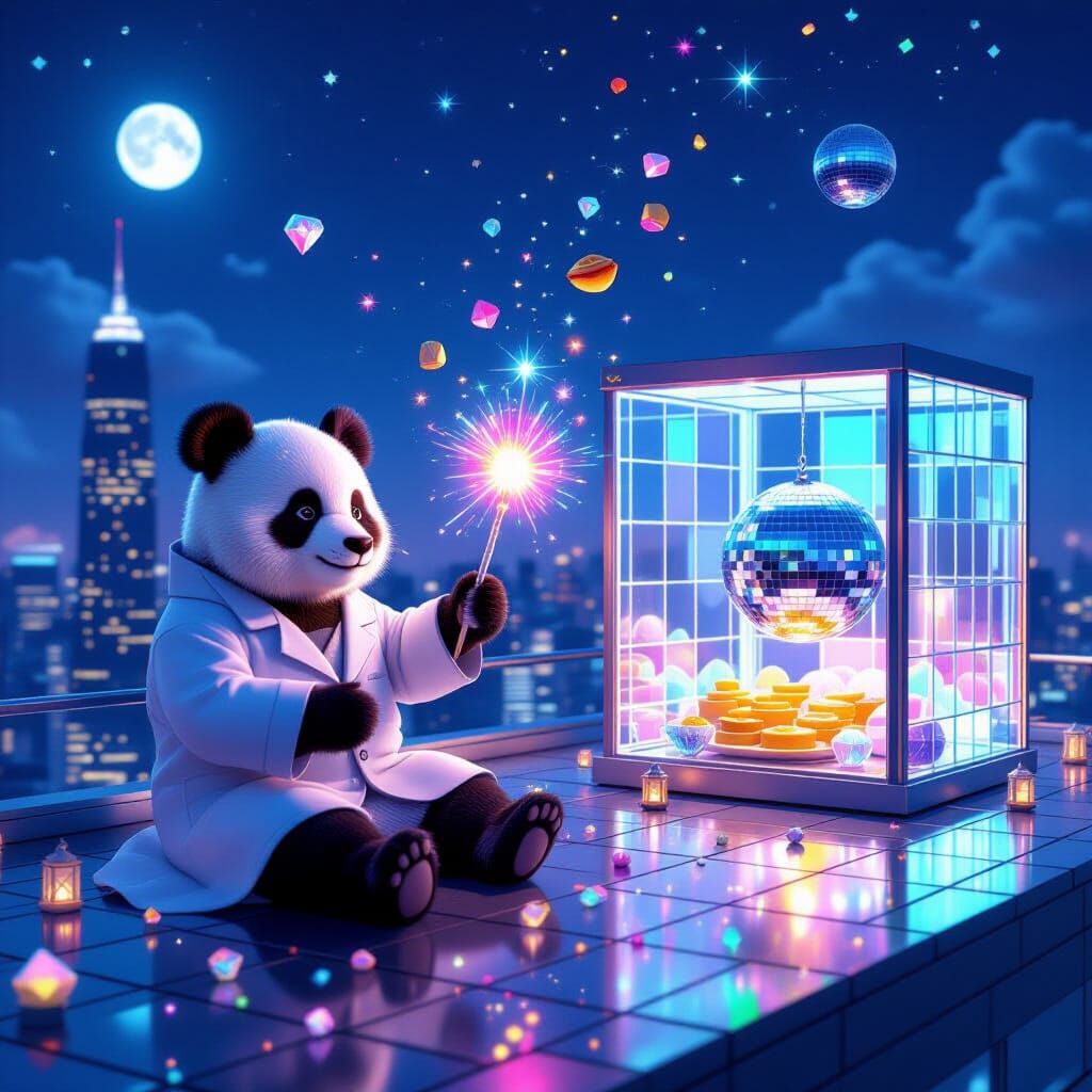 Panda Scientist with Magic Wand on Glittery Skyscraper Rooft...