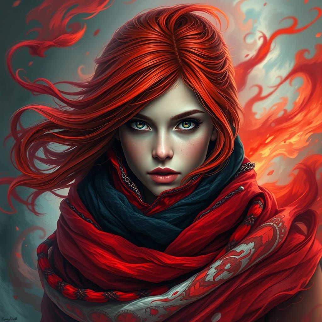 A captivating portrait of a young woman with flowing red hair, wrapped in vibrant red, black, and white scarves. Her int...