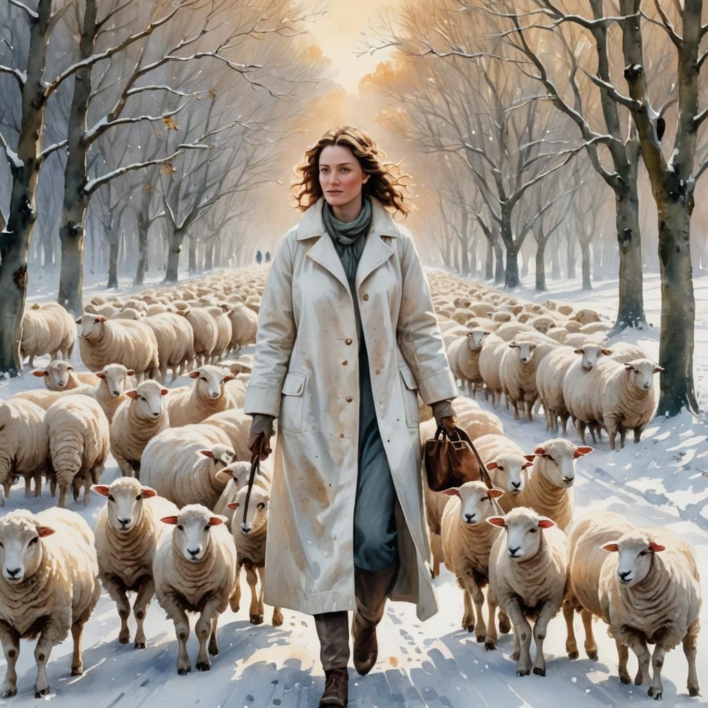 Woman and Sheep in Winter Wonderland, Watercolor Style