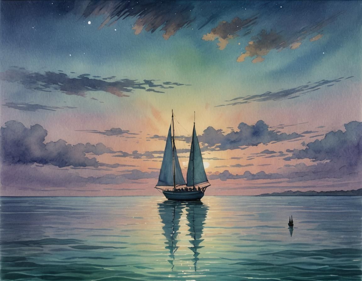 Tropical Sailboat at Twilight in Impressionistic Watercolor