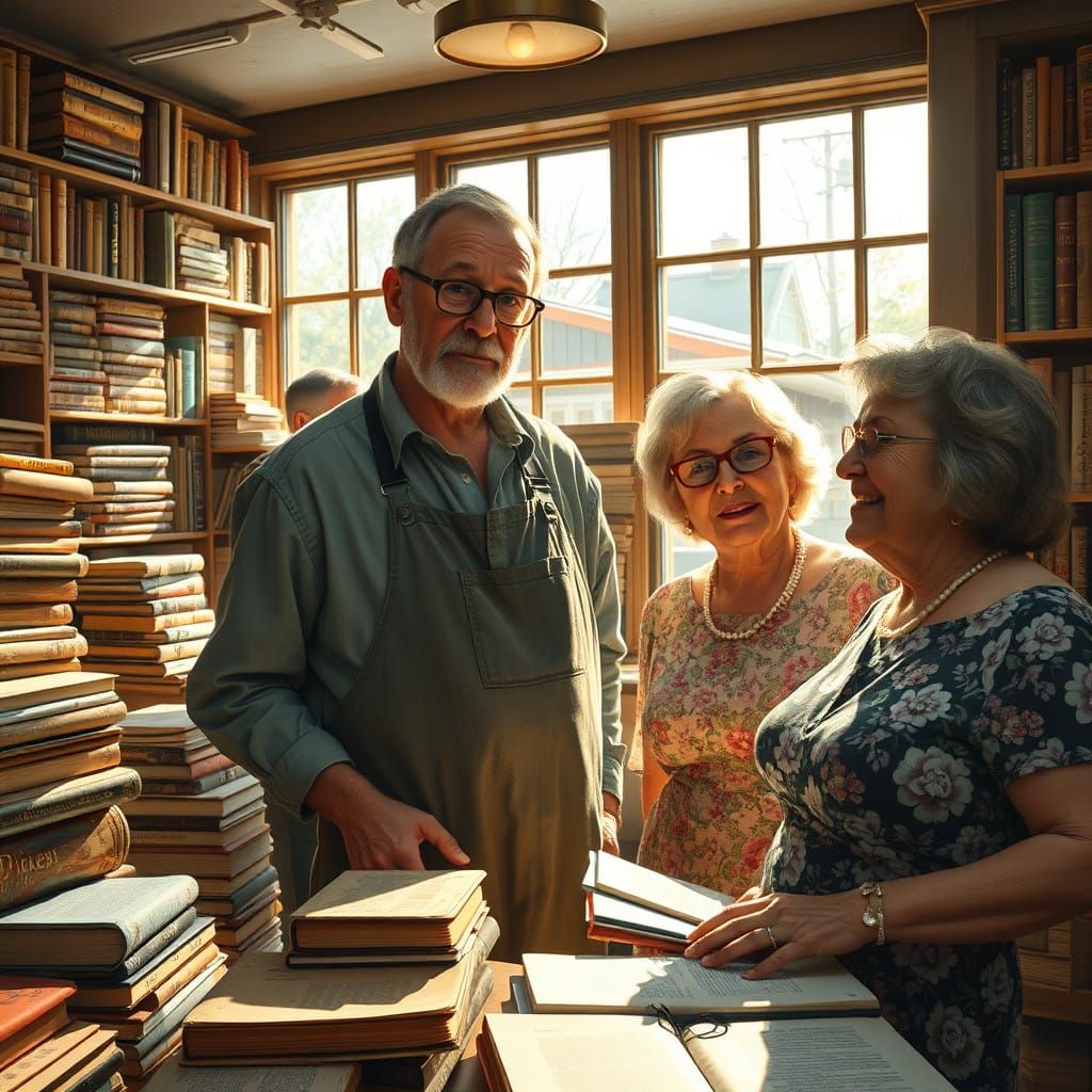 Cozy Book Shop Scene with Bespectacled Shopkeeper and Gossip...