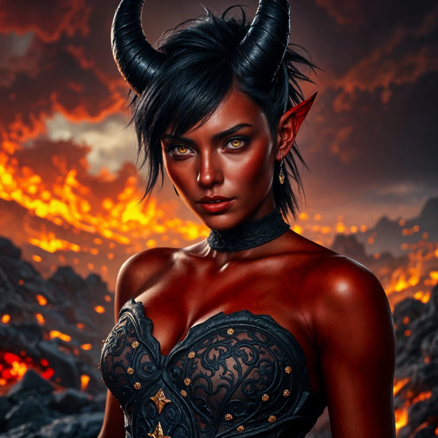 Epic Red Demoness in Fiery Landscape