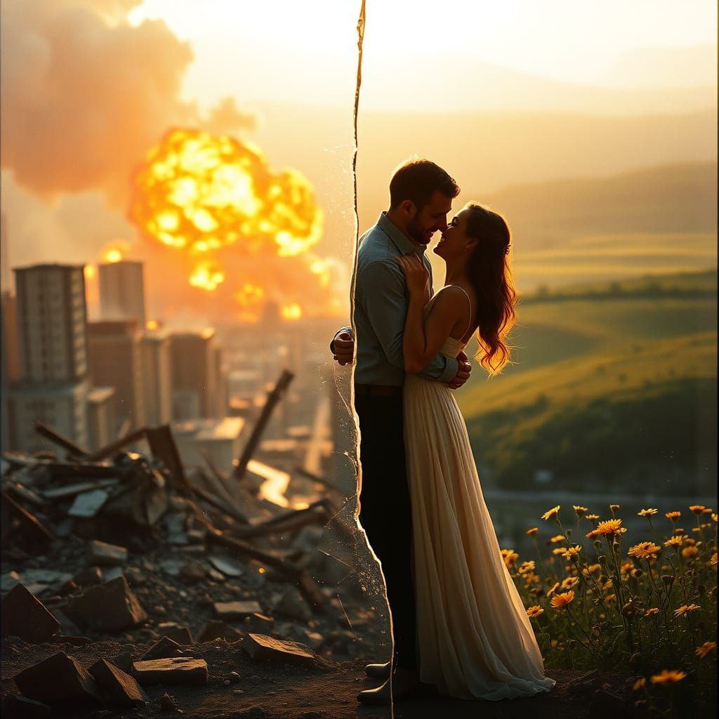 Shattered Harmony: War-Torn City Meets Idyllic Landscape