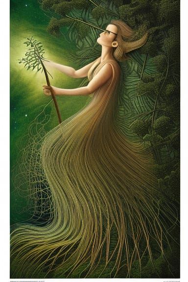 Woman Planting Trees in Warped Perspective Illustration