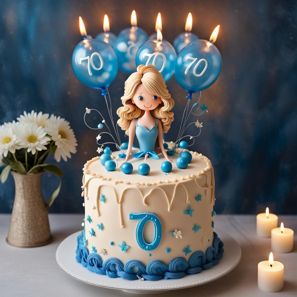 Birthday Cake with Blue Candles and Butterflies