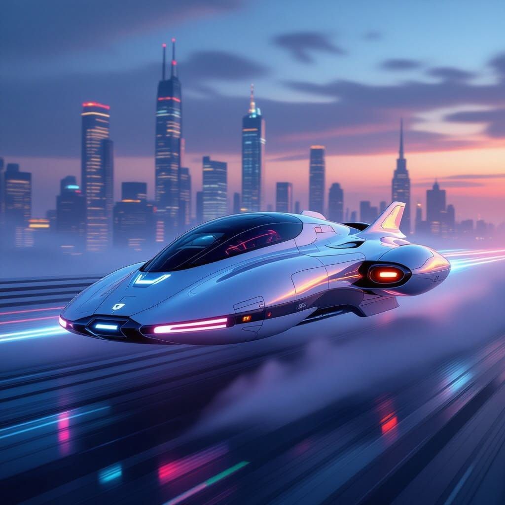 Sleek Futuristic Vessel Zips Through Cyberpunk Cityscape