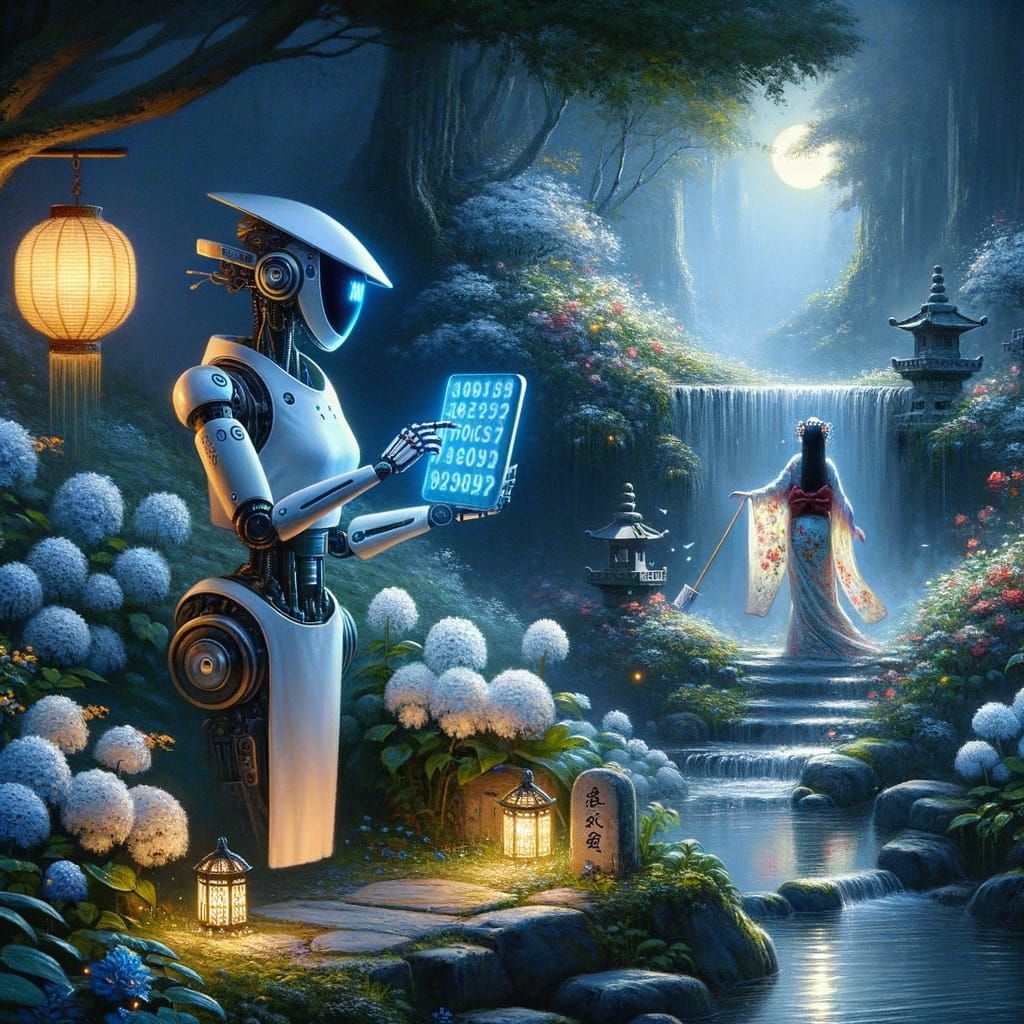Mystical Garden and Robot Butler in Luminous Impasto Art