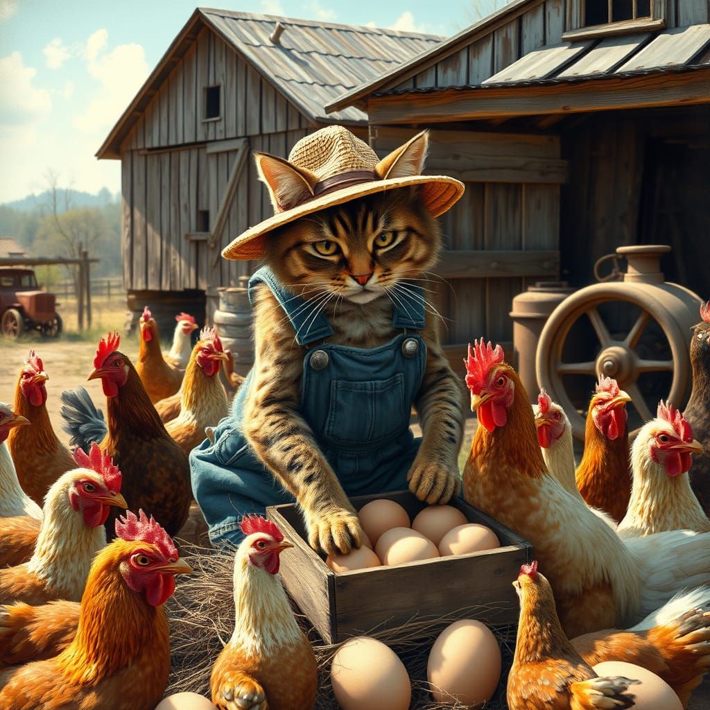 Rustic Cat Farmer Collects Eggs in Whimsical Farmyard