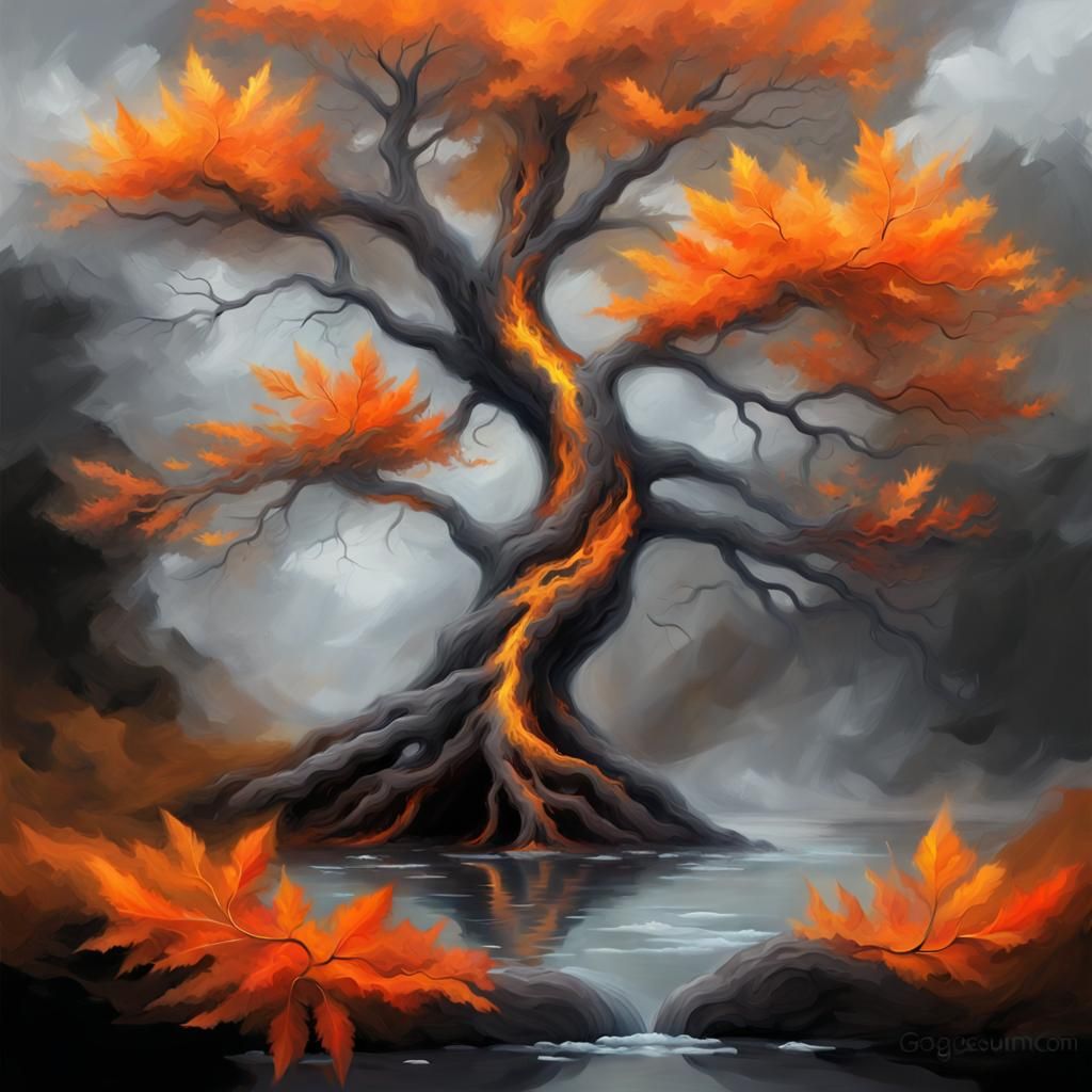 Tree with Orange Leaves in Digital Fantasy Art