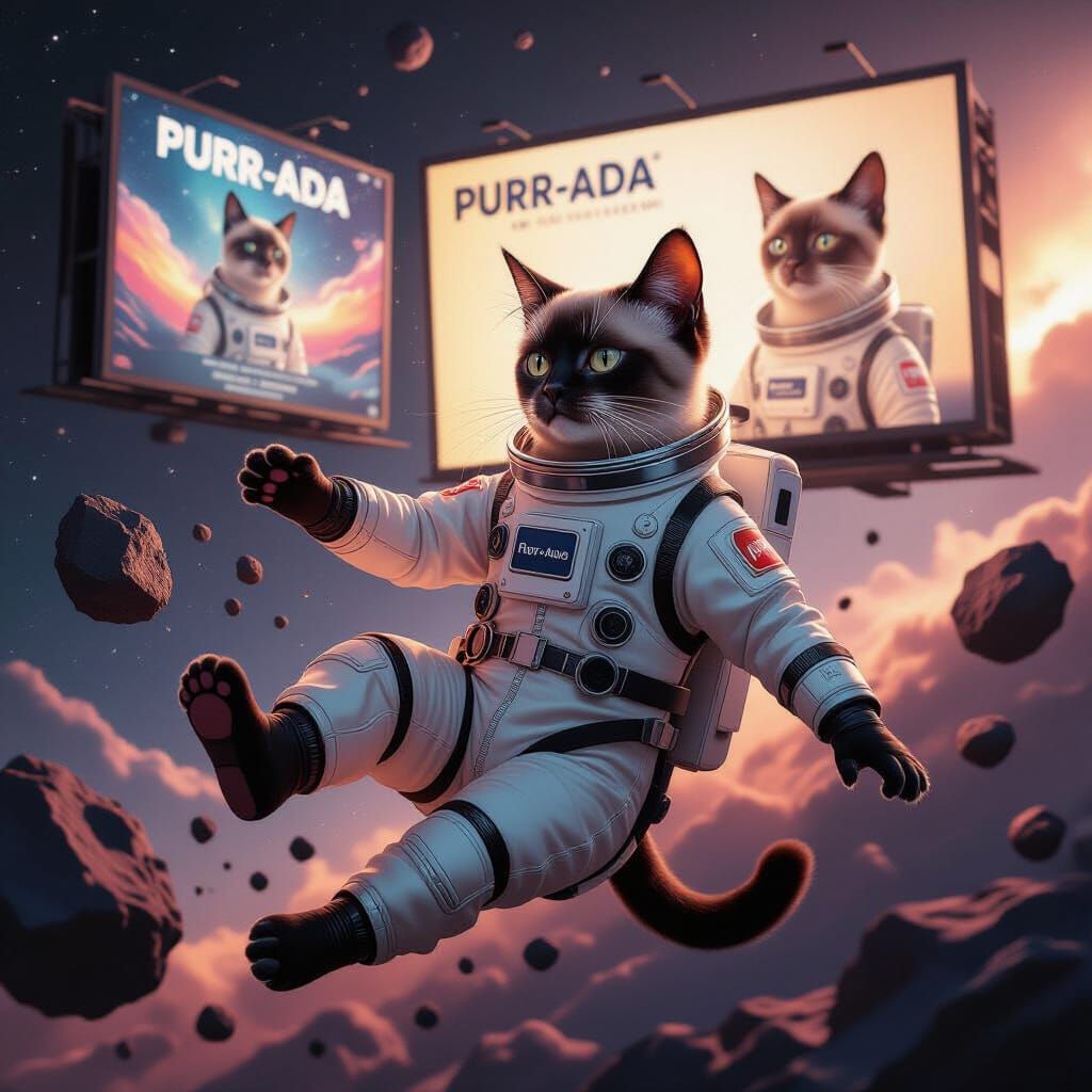 Siamese Cat in Prada Spacesuit Batting Asteroids