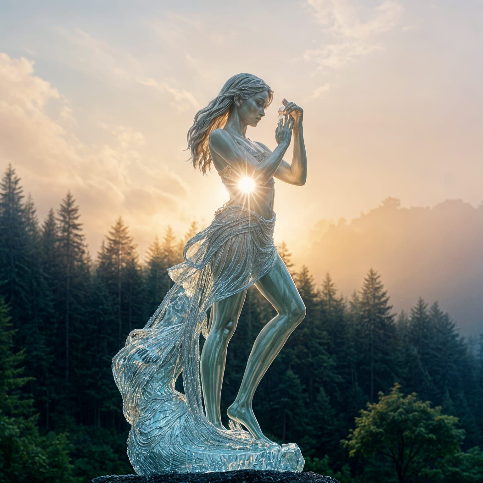Hyperrealistic Crystal Woman Statue in Foggy Forest
