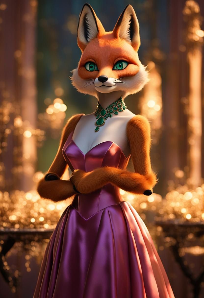 Glamorous Anthropomorphic Fox in Pink Gown: 3D Digital Art