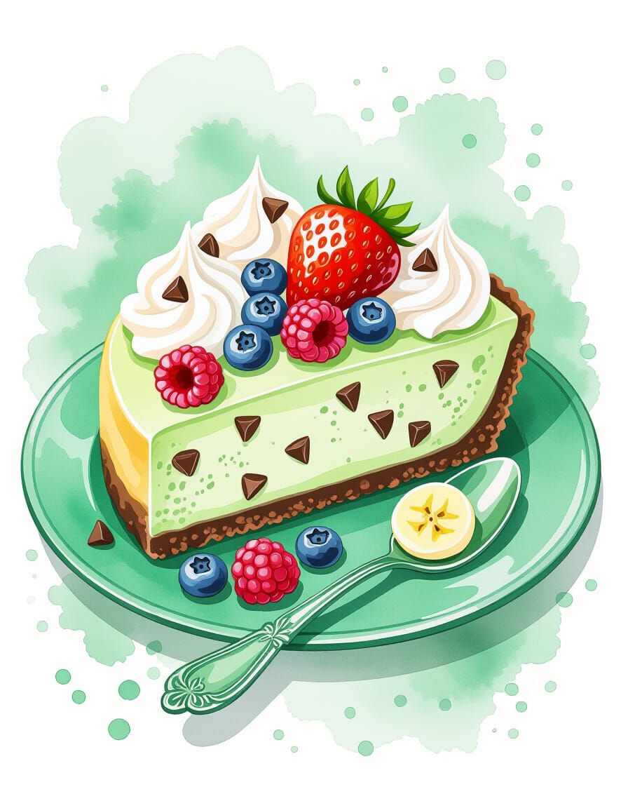 Mint Chocolate Chip Cheesecake in Watercolor Style
