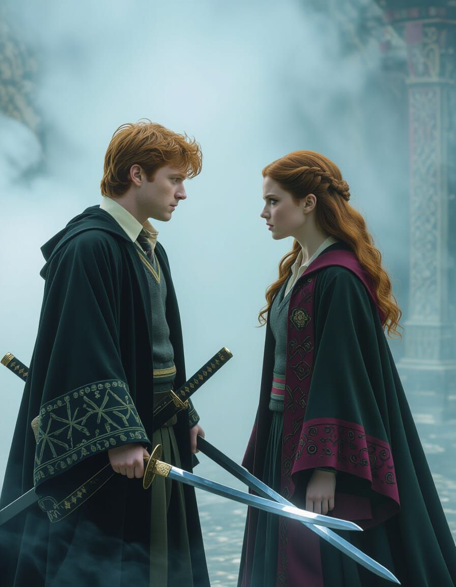Mystic Glare: Ron and Hermione in a Surreal Standoff