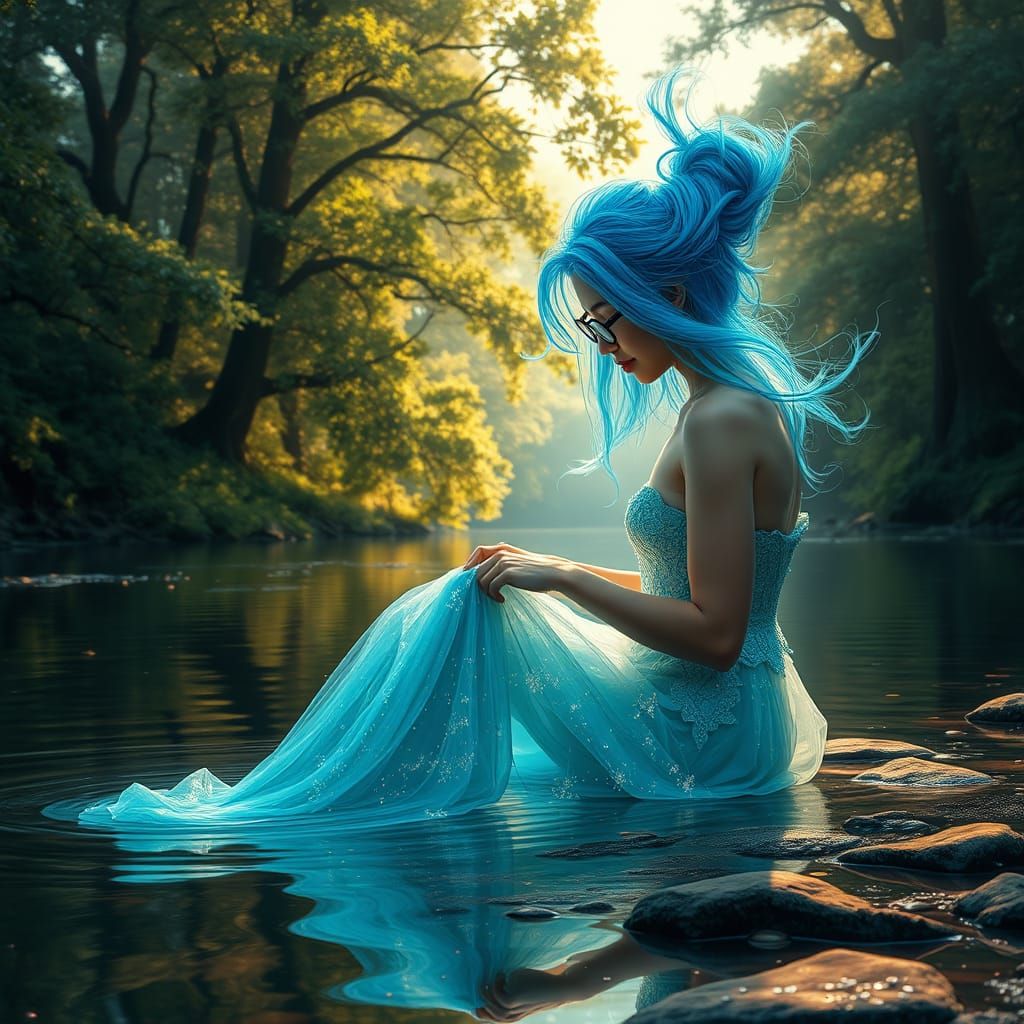 River Goddess Weaves Luminous Dress in Cyberpunk Landscape