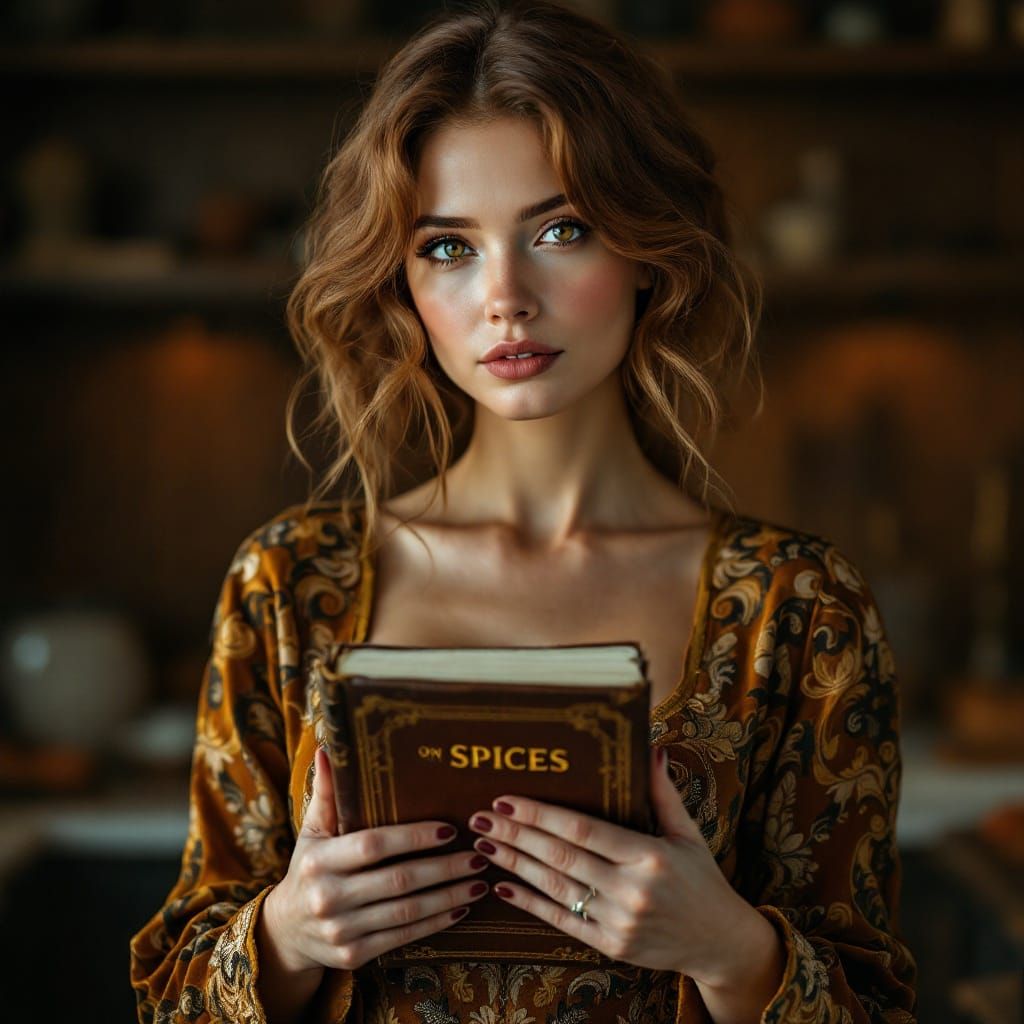 Woman in Art Deco Kitchen, Cradling Cookbook in Elegant Baro...