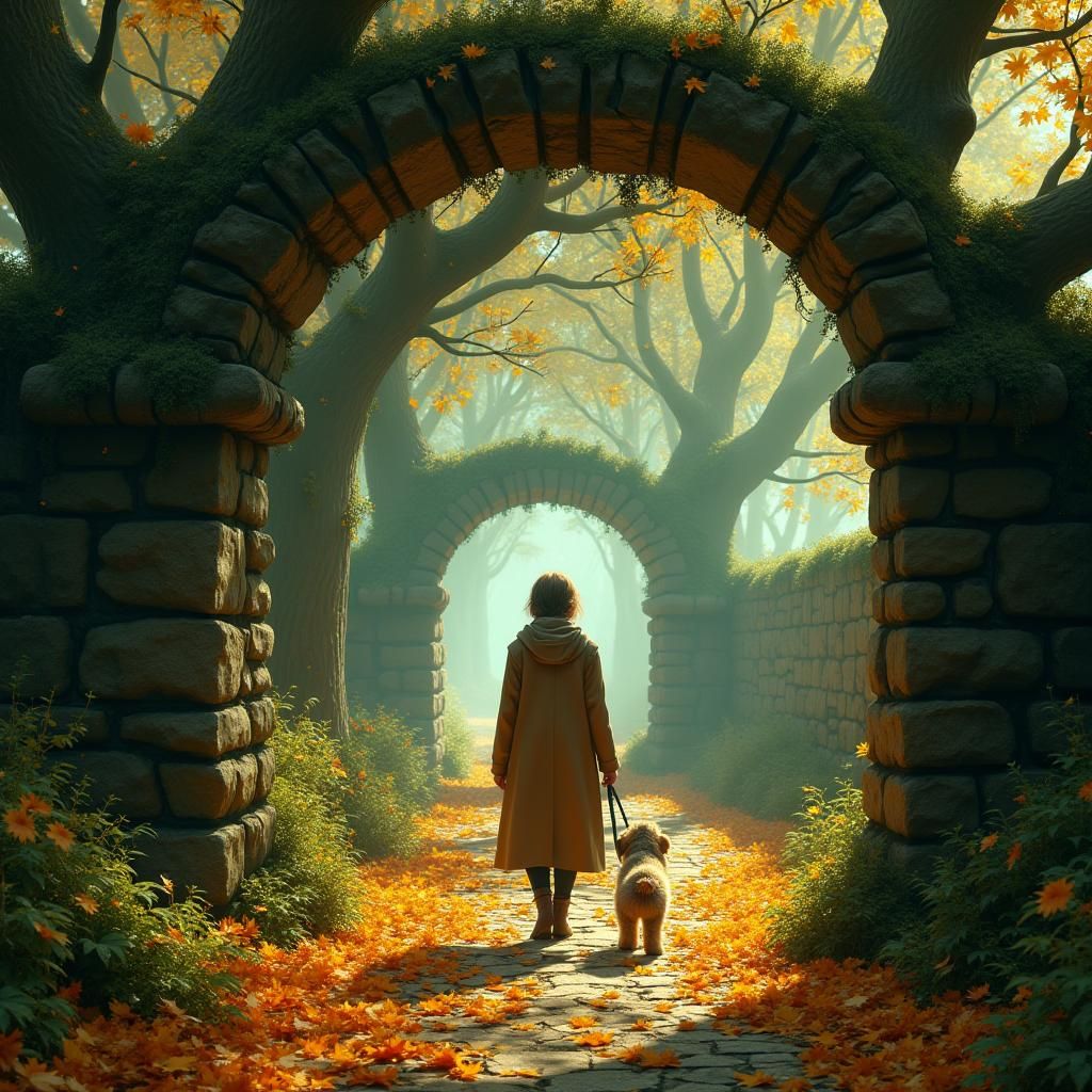 Woman and Dog on Mystical Autumn Path