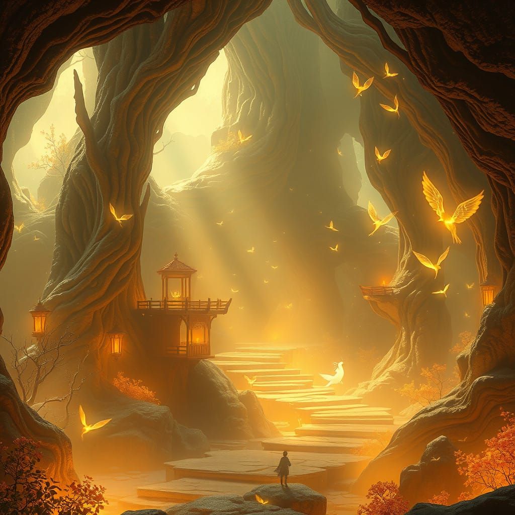 Surreal World in Warm Ethereal Aura with Luminescent Spirits