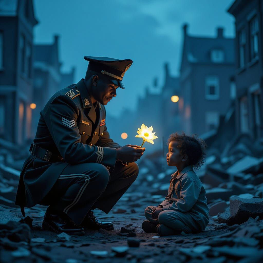 Officer Offers Flower to Child in Post-Apocalyptic Haarlem