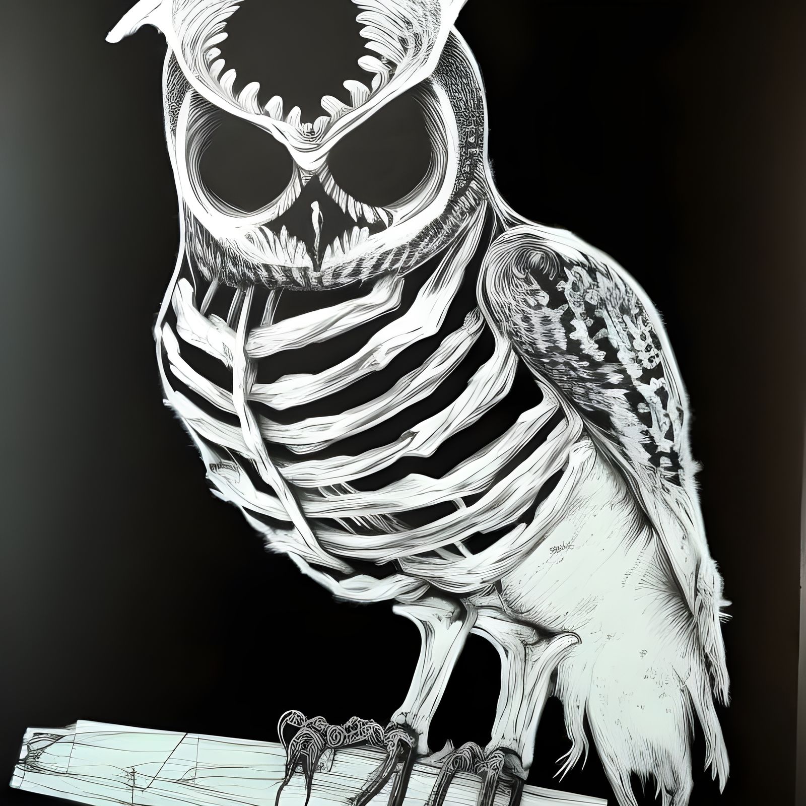 Skeleton Owl Portrait in Chalk and Neon