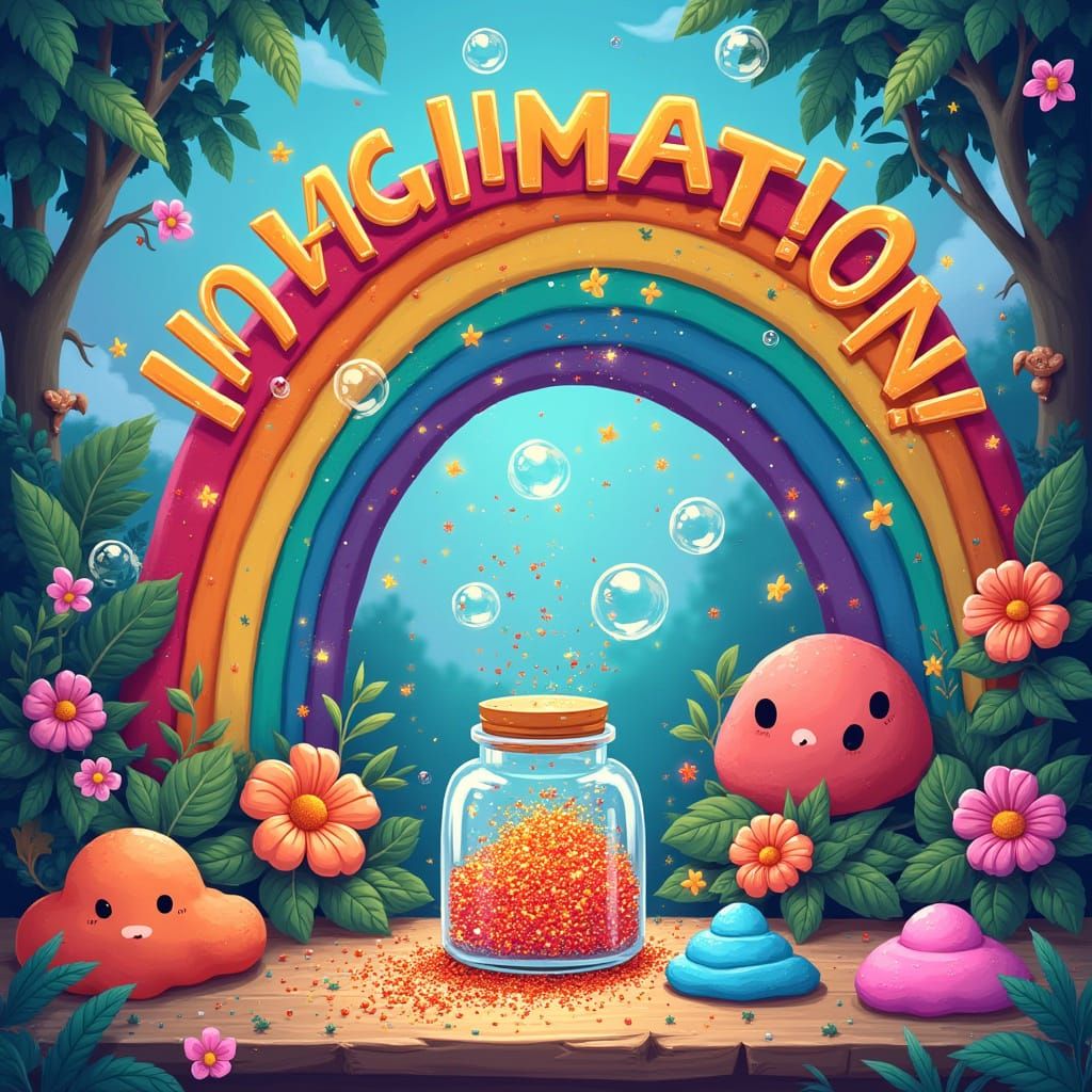 Imagination Station Banner with Rainbow and Bubbles