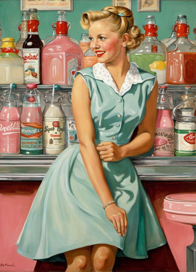 1950s Soda Fountain Girl in Rockwell Style