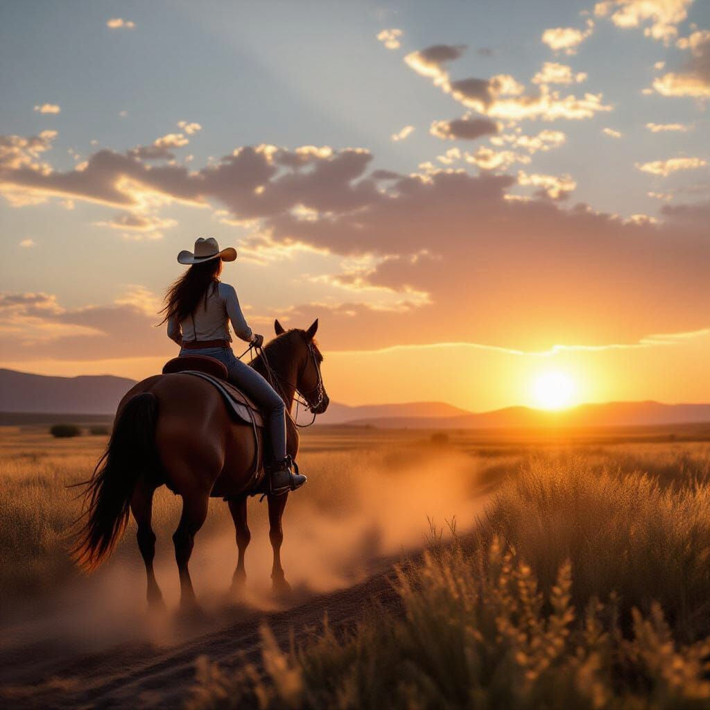 Lone Cowgirl Rides Through Dusty Sunset