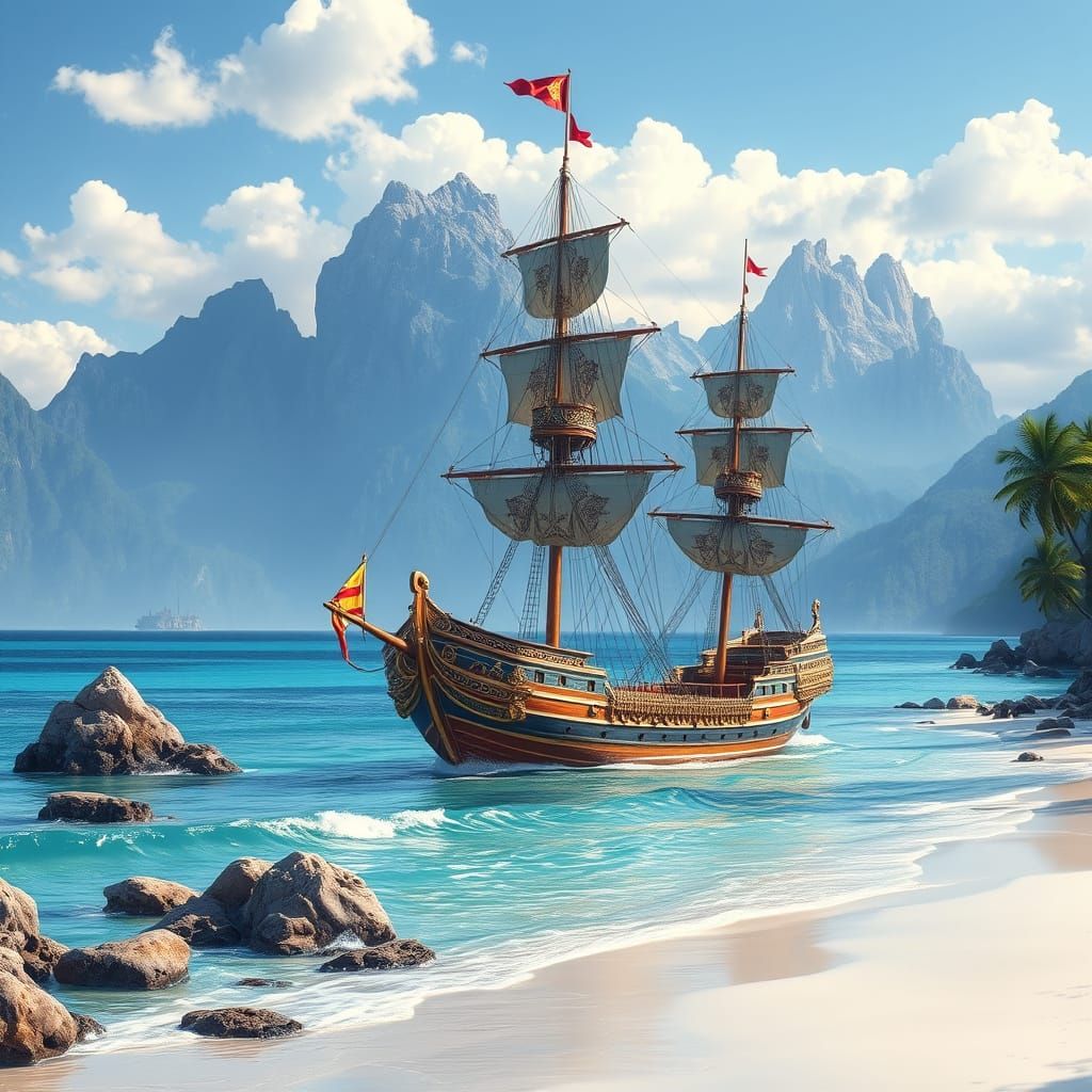 Envision a mesmerizing seascape painting where a grand sailing ship, anchored by a flawless, white-sand beach, captures ...