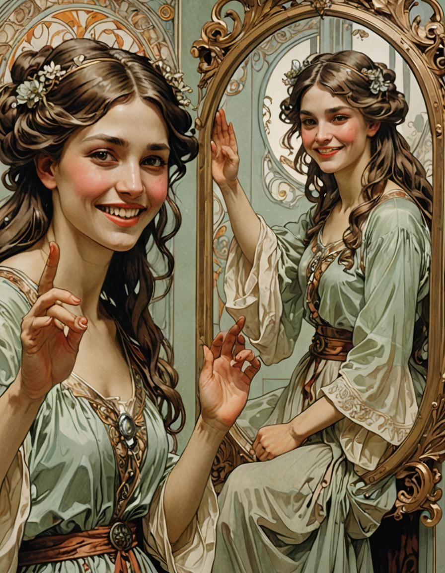 Woman and Angry Reflection in Art Nouveau Style