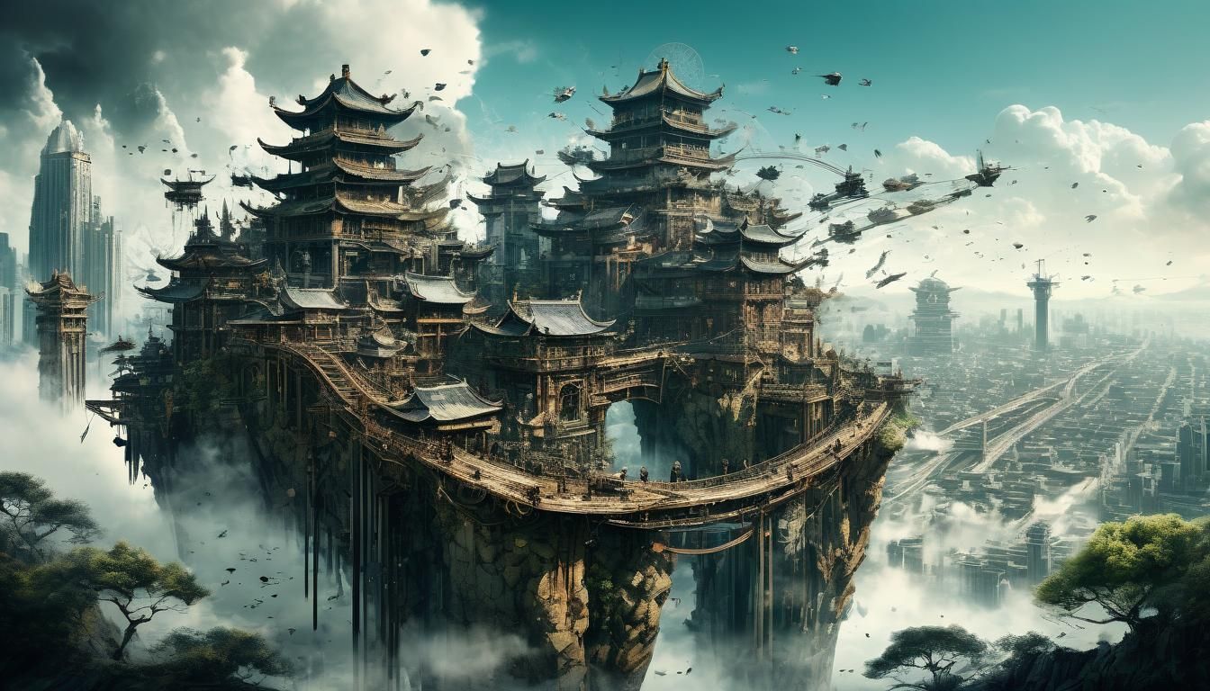 Steampunk City in Sky: Ink Splatter Chinese Landscape