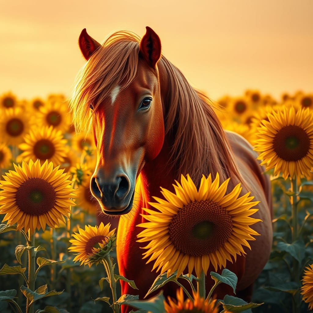 Vibrant Red Stallion Amidst Sunflowers