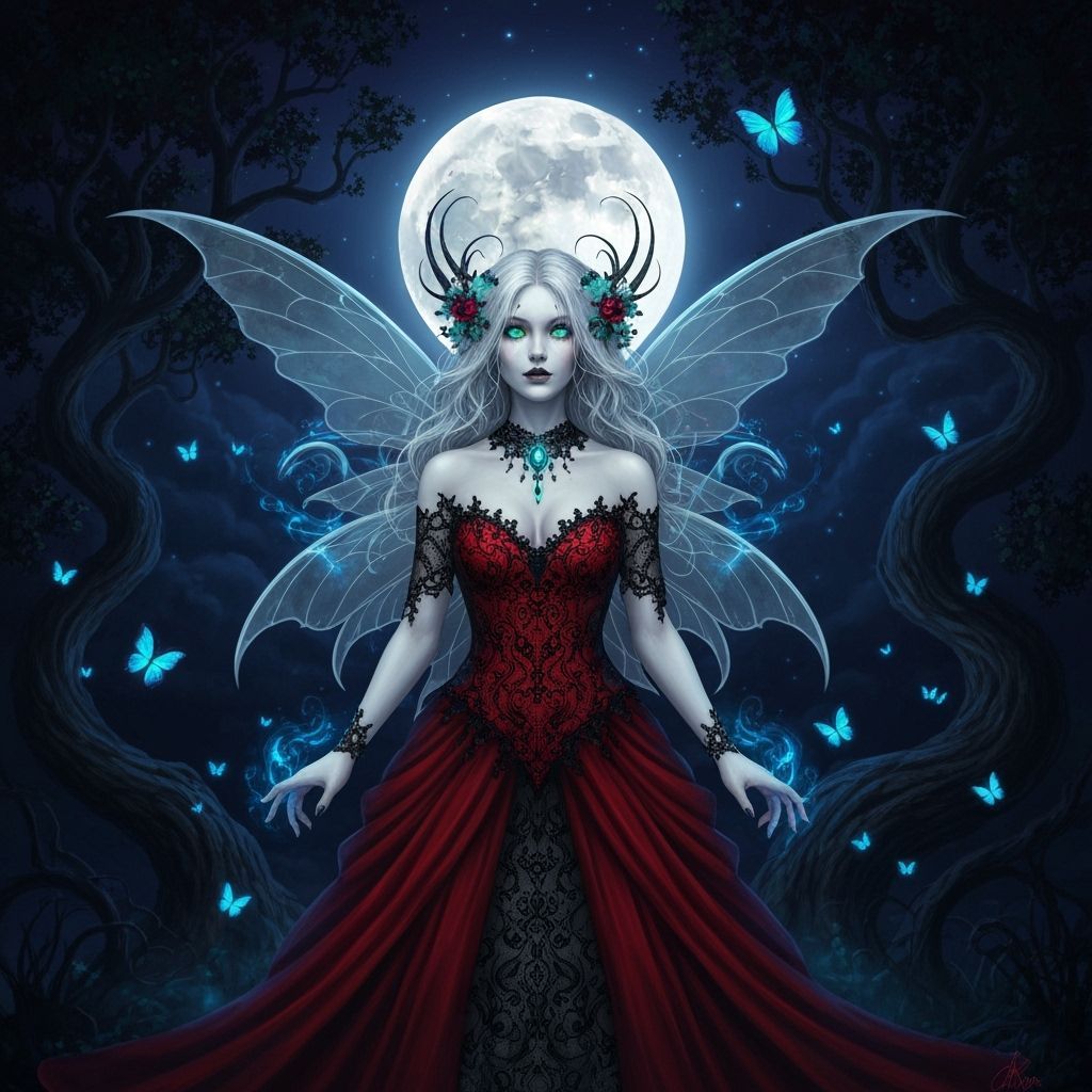 Gothic Fairy in Moonlight with Bioluminescent Butterflies