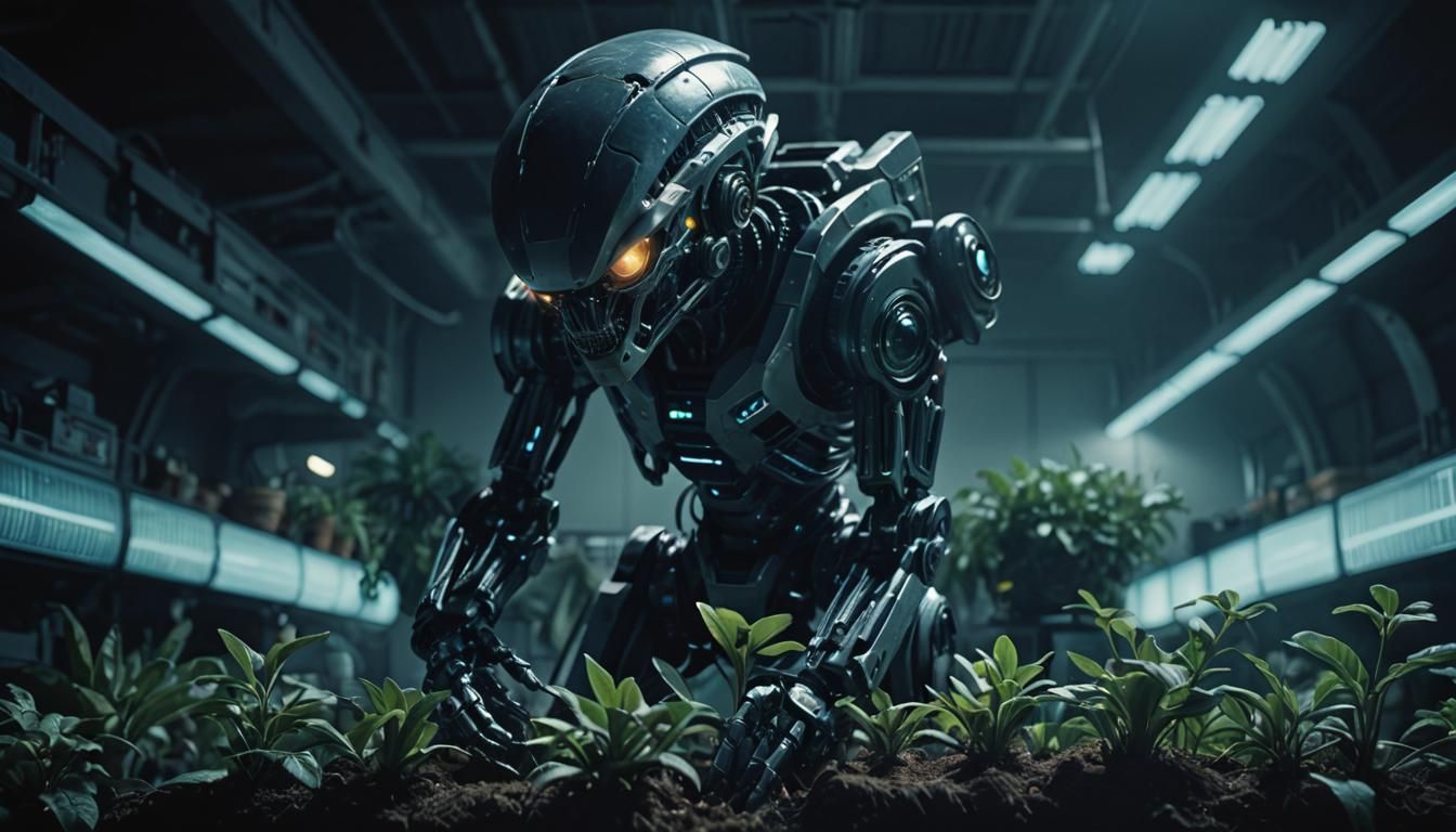Alien Robot Eye Scans Plants: Cinematic Film Still