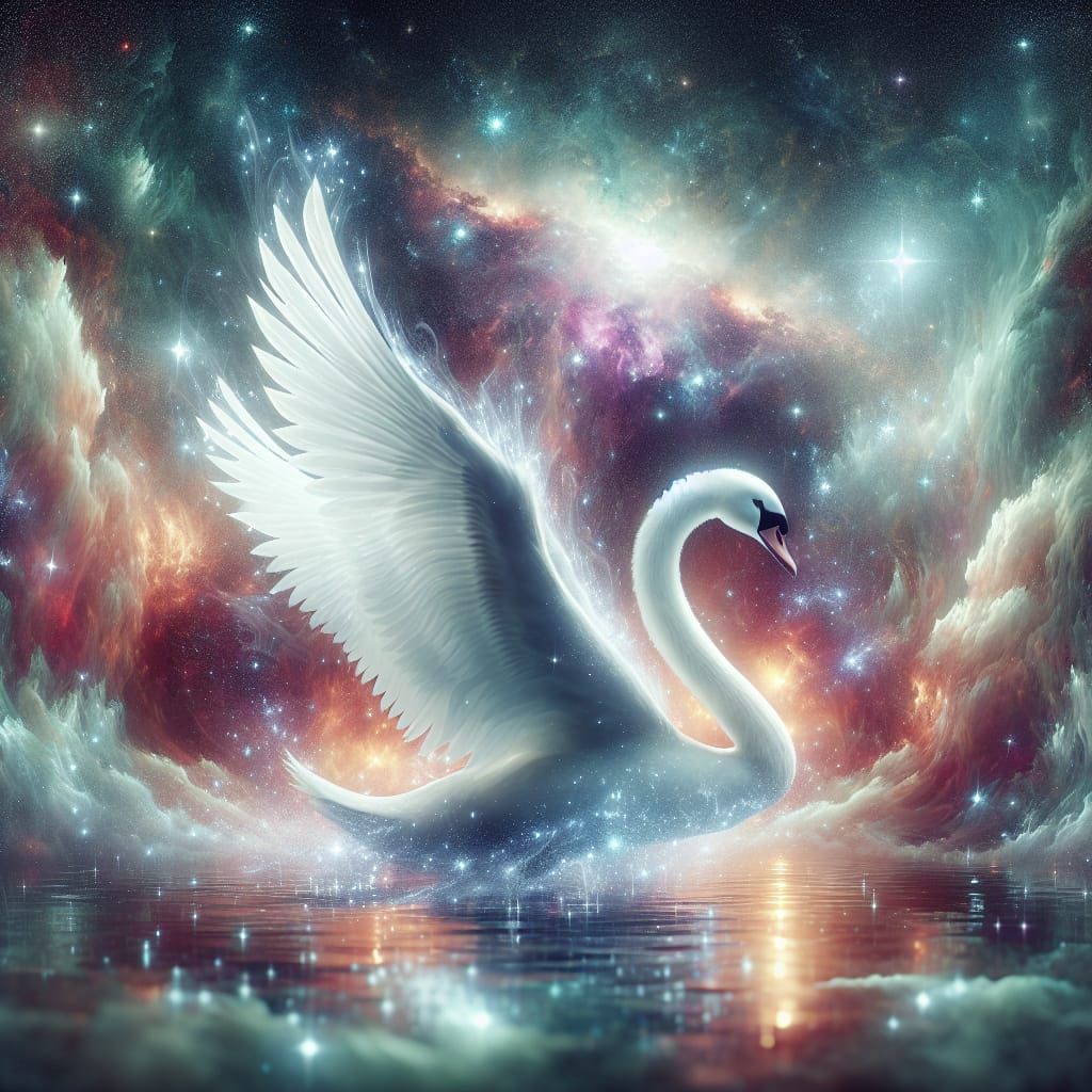 Majestic Swan with Ethereal Wings in Cosmic Nebula
