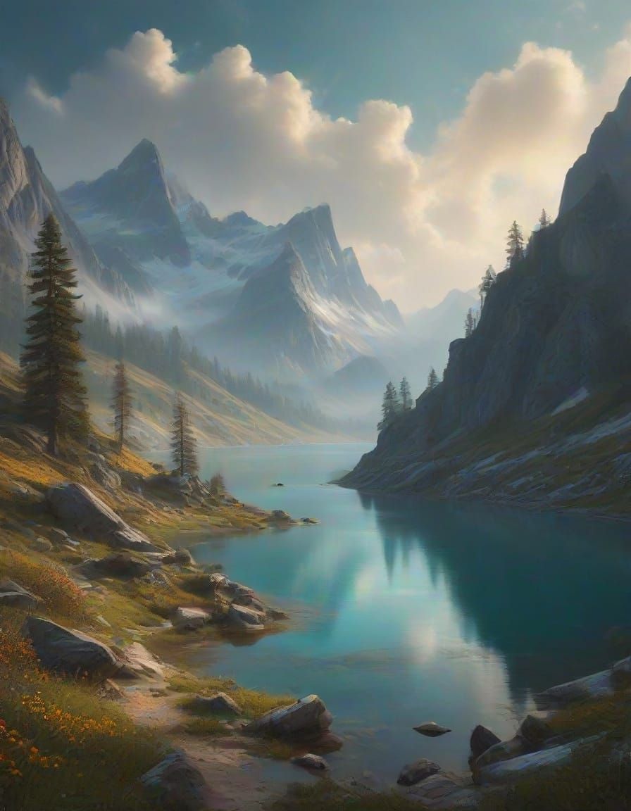 Majestic Mountain Landscape in Realistic Oil Painting Style