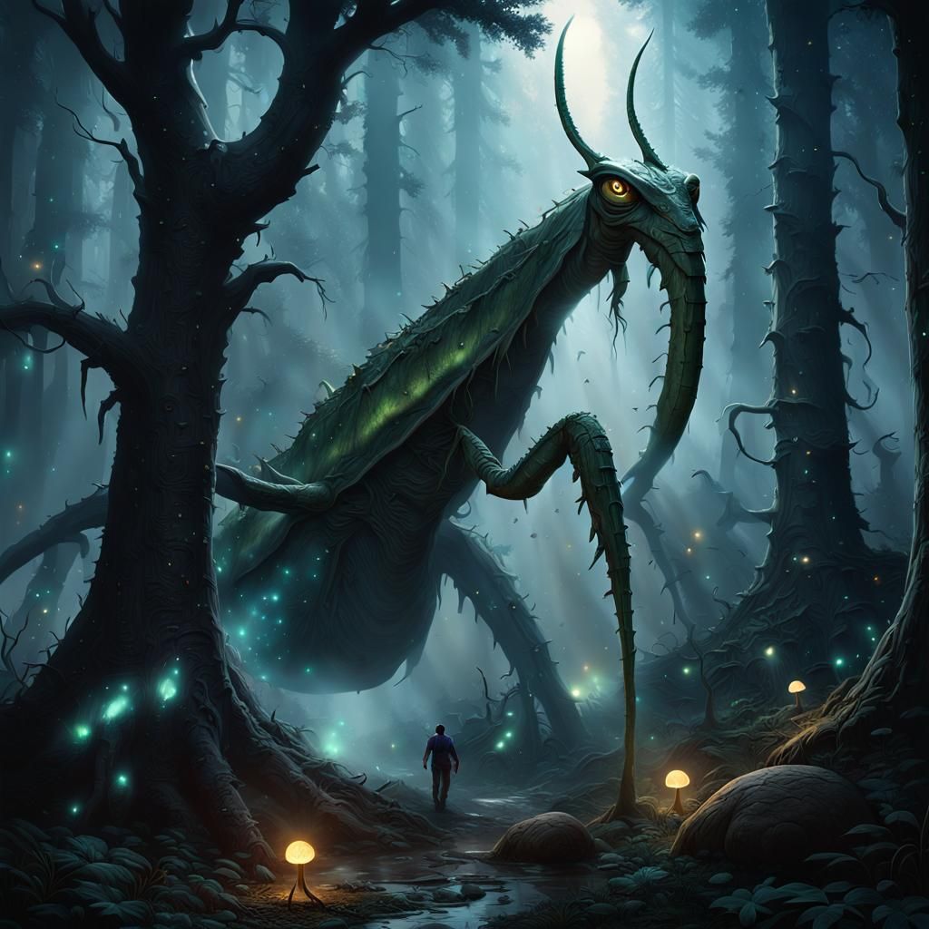 Giant Mantis in Dark Prehistoric Forest