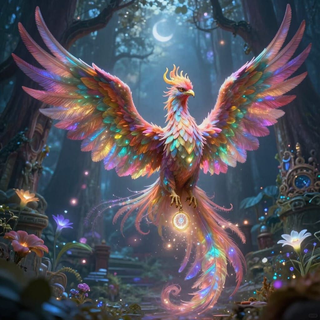 Majestic Phoenix Crafts Amulet in Enchanted Forest