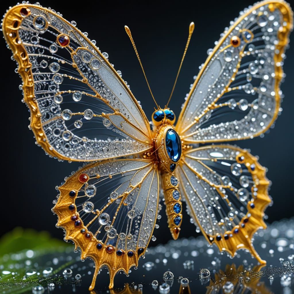 Dew-Covered Butterfly in Crystal with Gold Ornaments