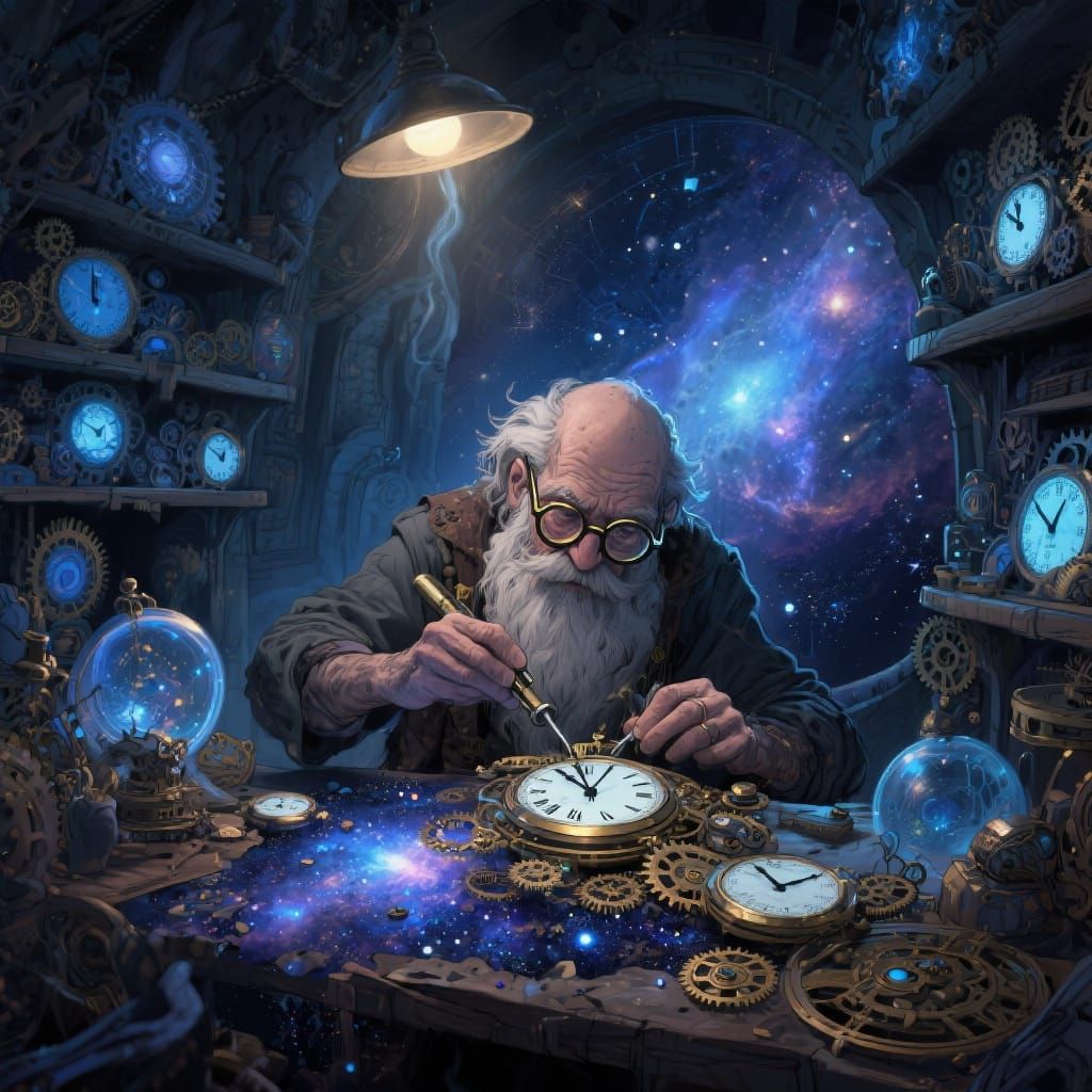 Cosmic Clockmaker in Stardust Workshop, Detailed Digital Pai...