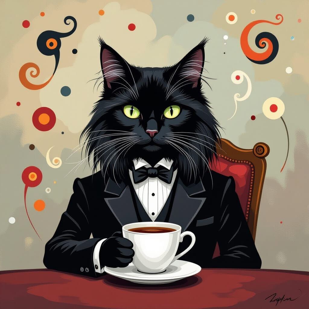 Black Cat Enjoys Tea in Enchanted Salon