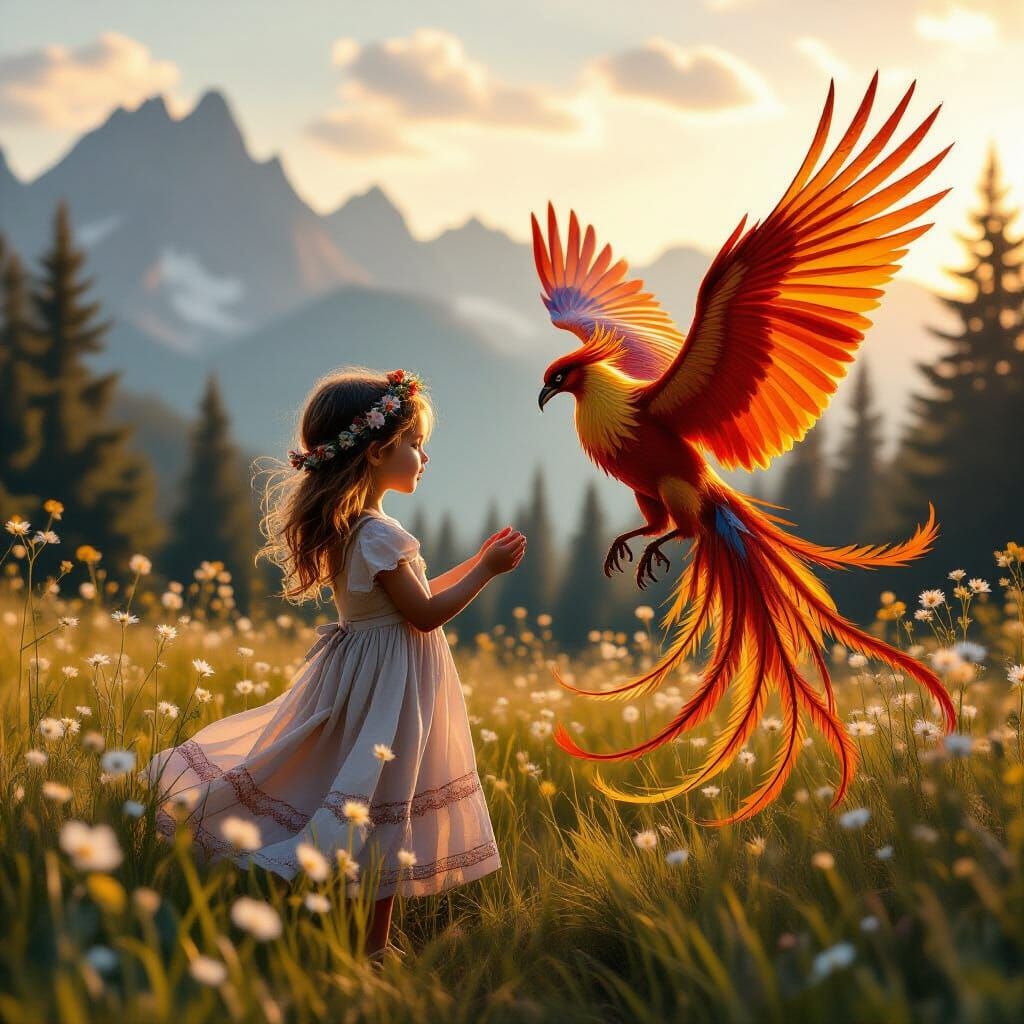 Girl and Phoenix in Golden Light, Hyper-Realistic Style