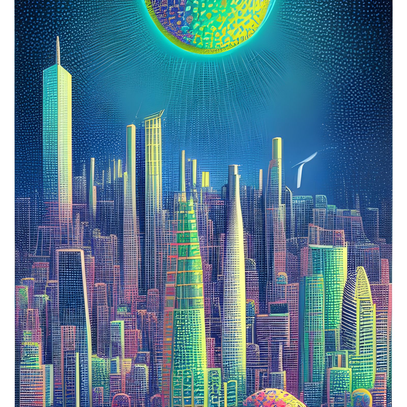 Alien Planet Cityscape in Pointillism Style