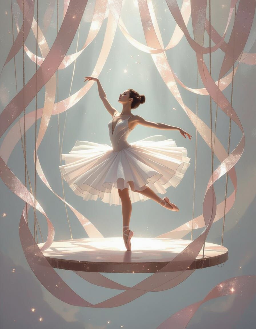 Dreamlike Circus Ballerina Twirling on Silk Ribbon Stage